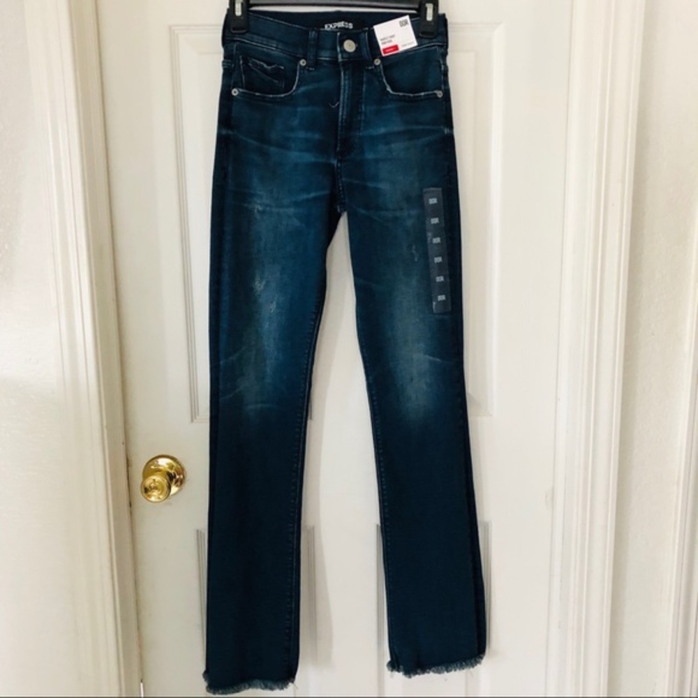 NWT EXPRESS barely boot high rise denim raw hem jeans cotton stretch SZ 00R